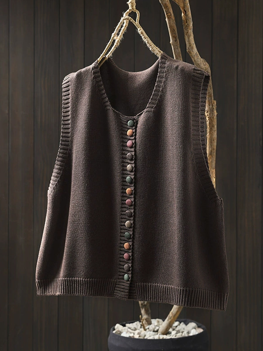 Autumn Wool Knit Vest with Colorful Button Detail