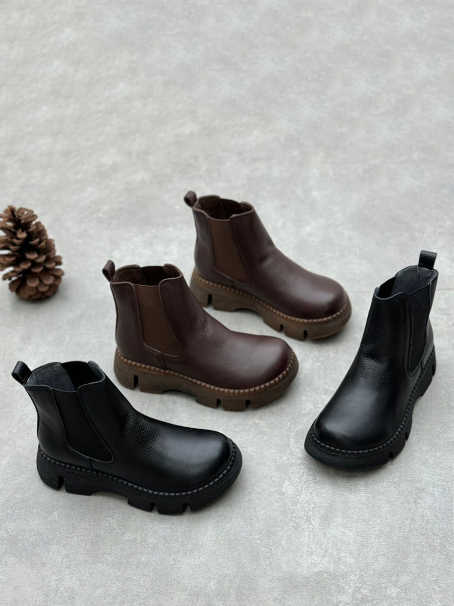 Retro Genuine Leather Platform Boots with Low Heel