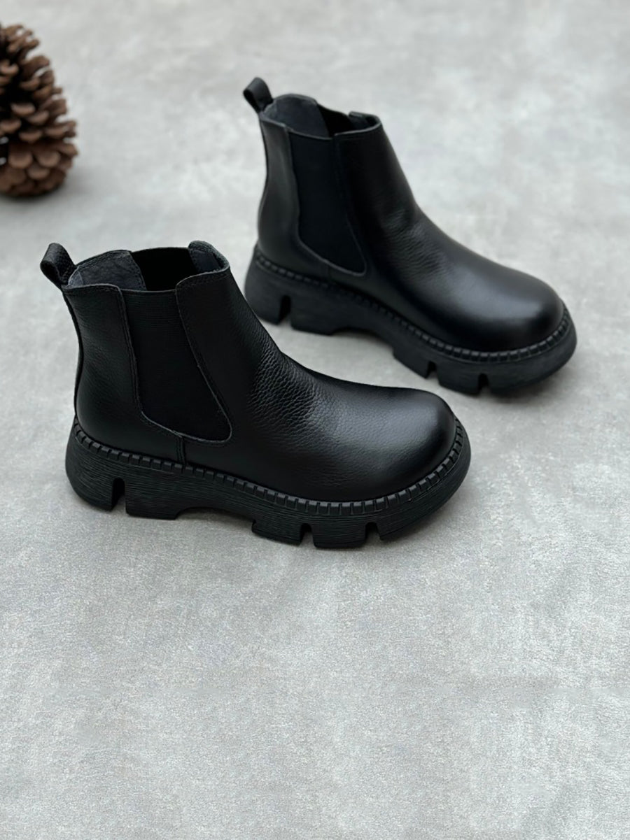 Retro Genuine Leather Platform Boots with Low Heel