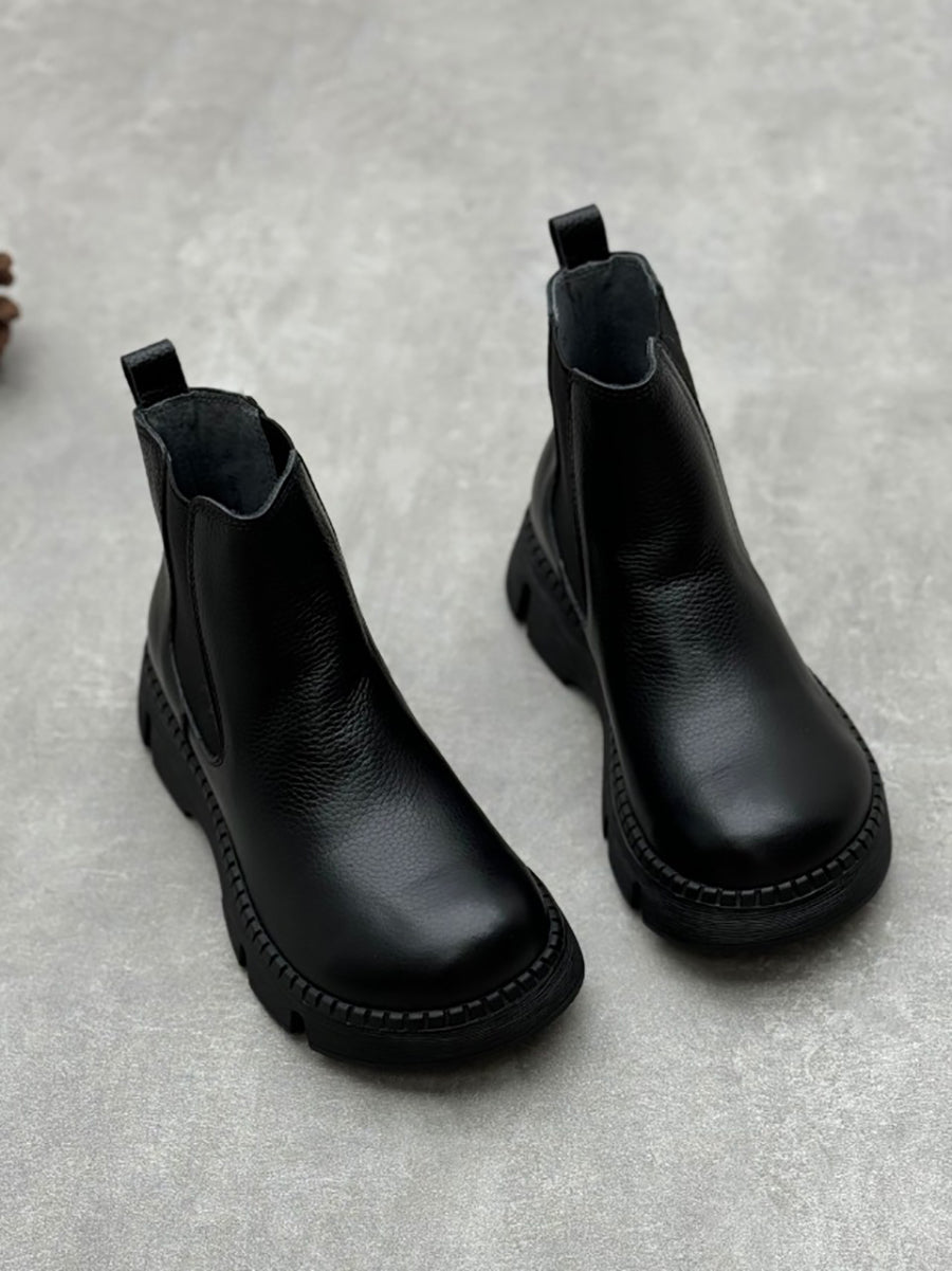 Retro Genuine Leather Platform Boots with Low Heel