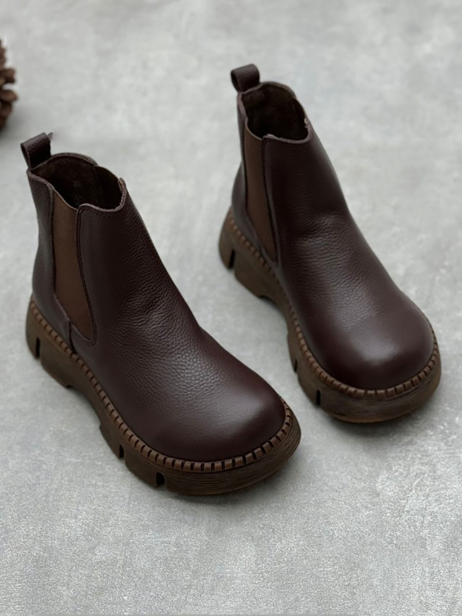 Retro Genuine Leather Platform Boots with Low Heel