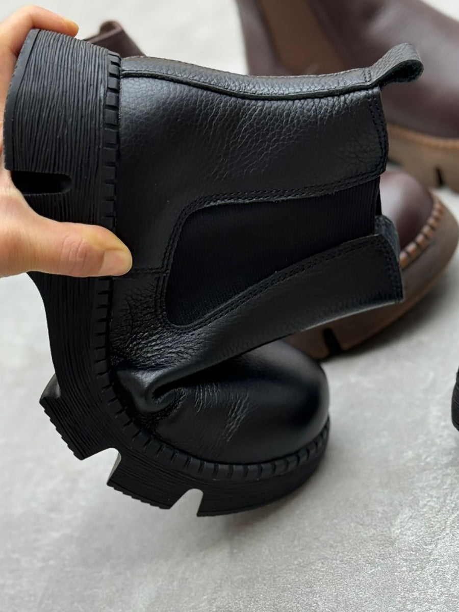 Retro Genuine Leather Platform Boots with Low Heel
