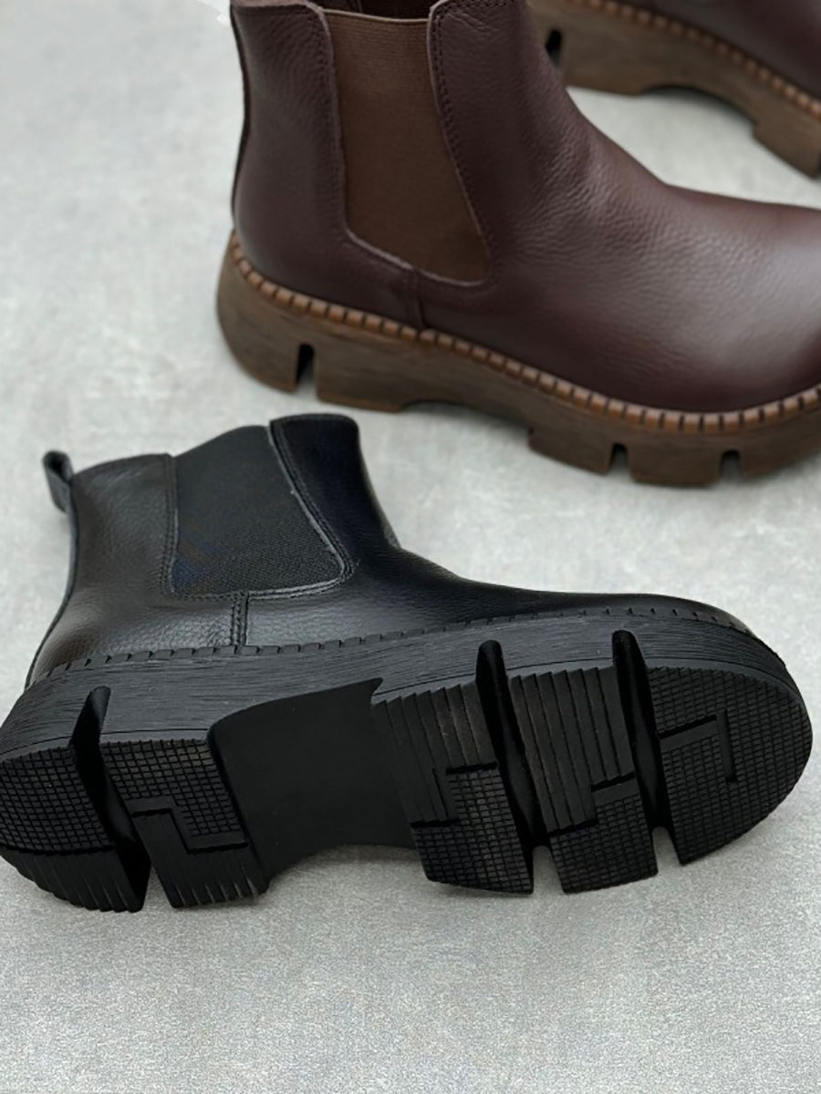 Retro Genuine Leather Platform Boots with Low Heel