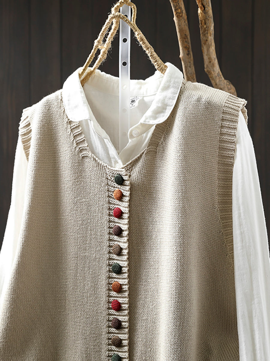 Autumn Wool Knit Vest with Colorful Button Detail