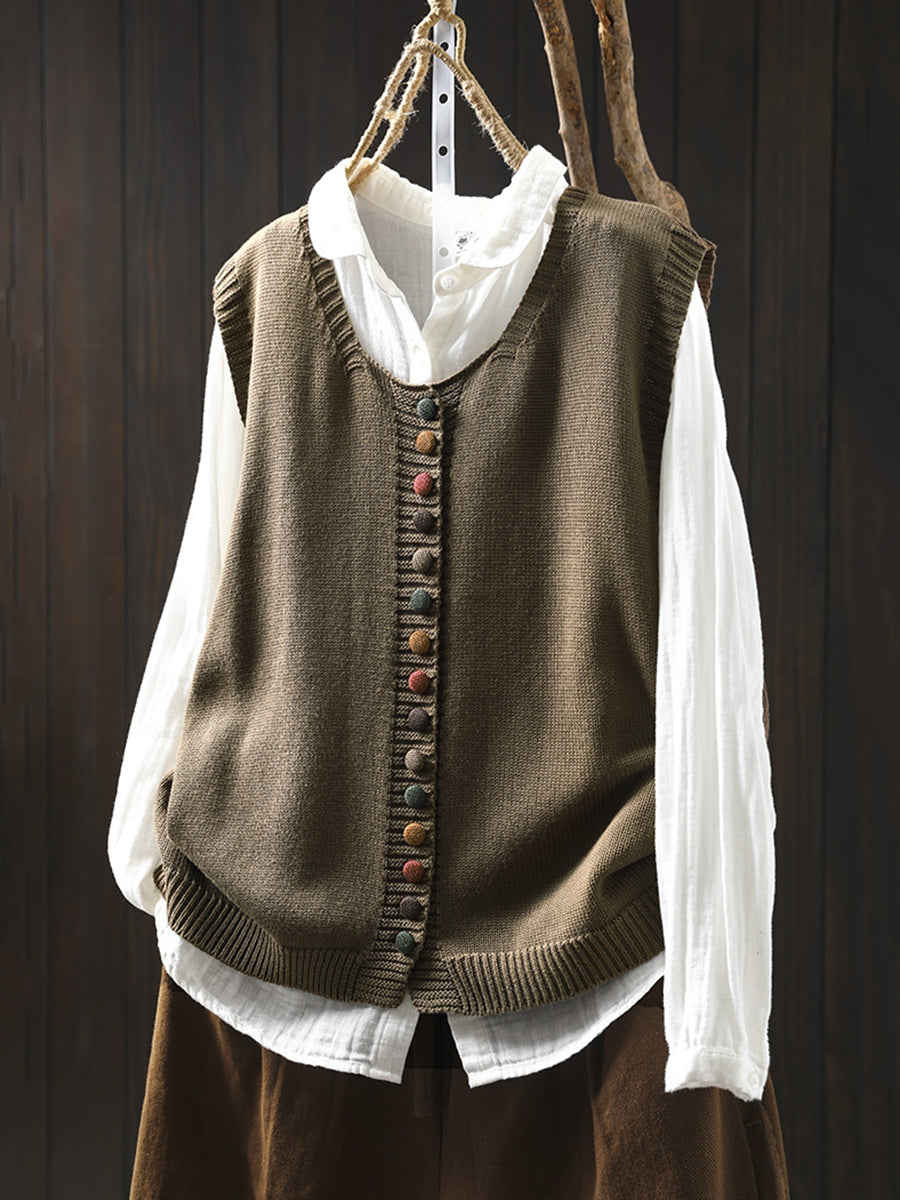 Autumn Wool Knit Vest with Colorful Button Detail