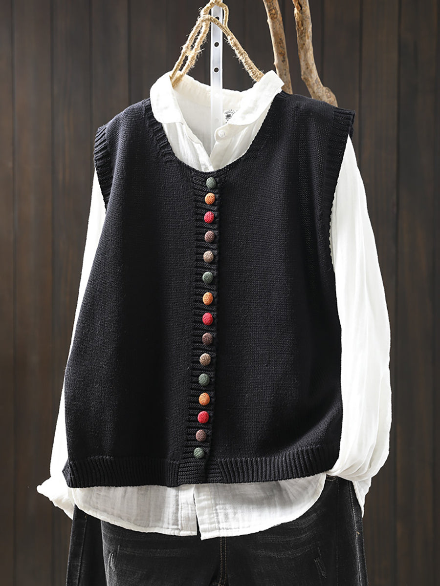 Autumn Wool Knit Vest with Colorful Button Detail