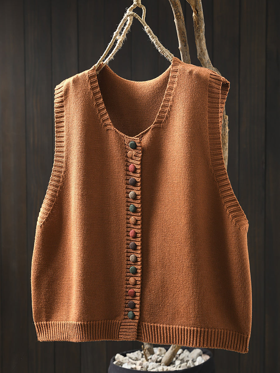 Autumn Wool Knit Vest with Colorful Button Detail