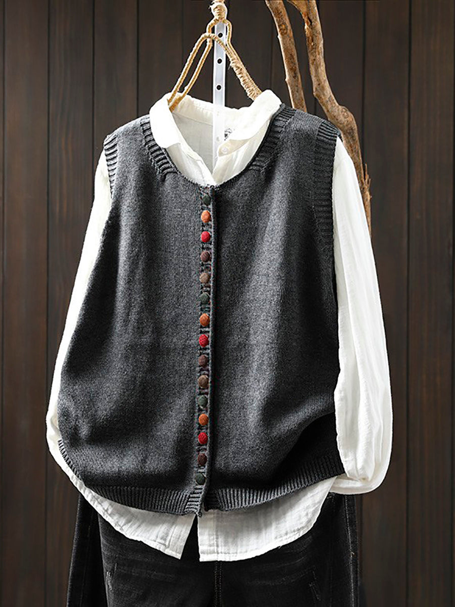 Autumn Wool Knit Vest with Colorful Button Detail