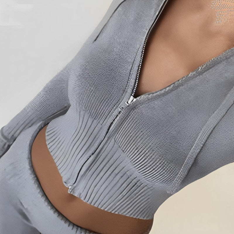Luna Ribbed Zip-Up Hooded Crop Set