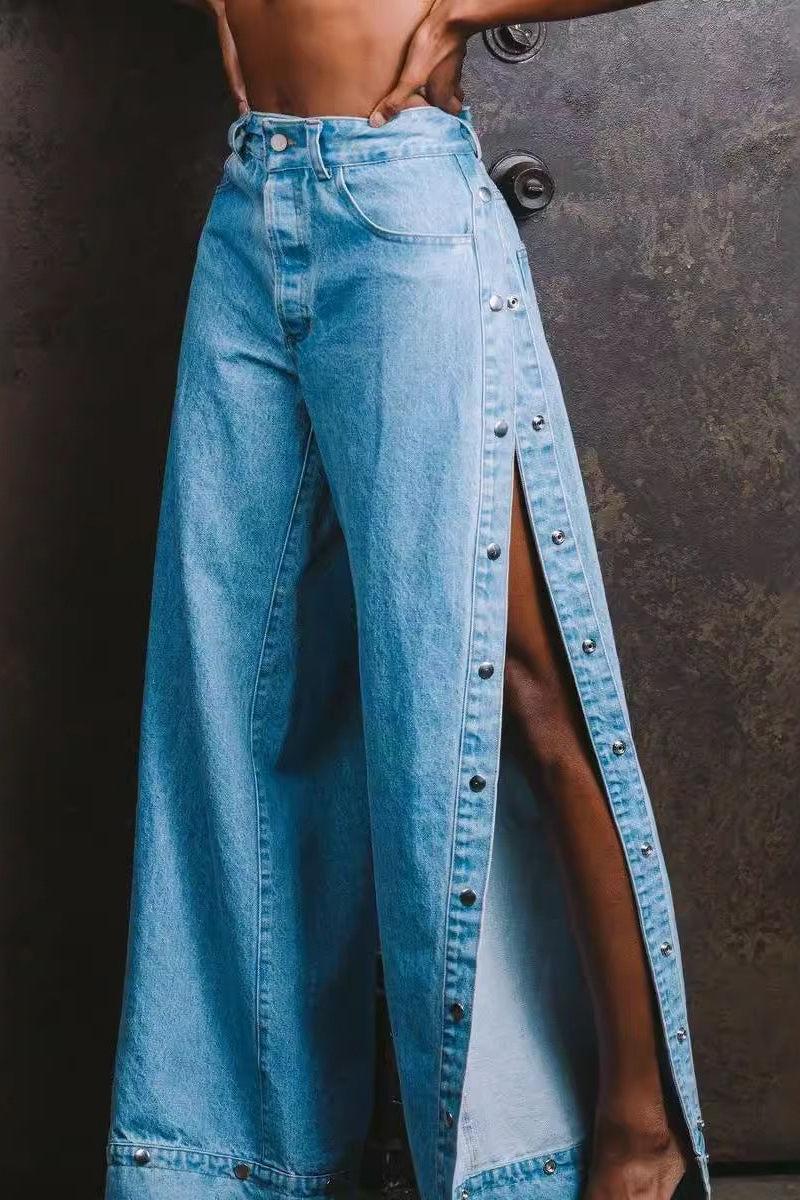 High-Slit Wide Leg Denim Pants