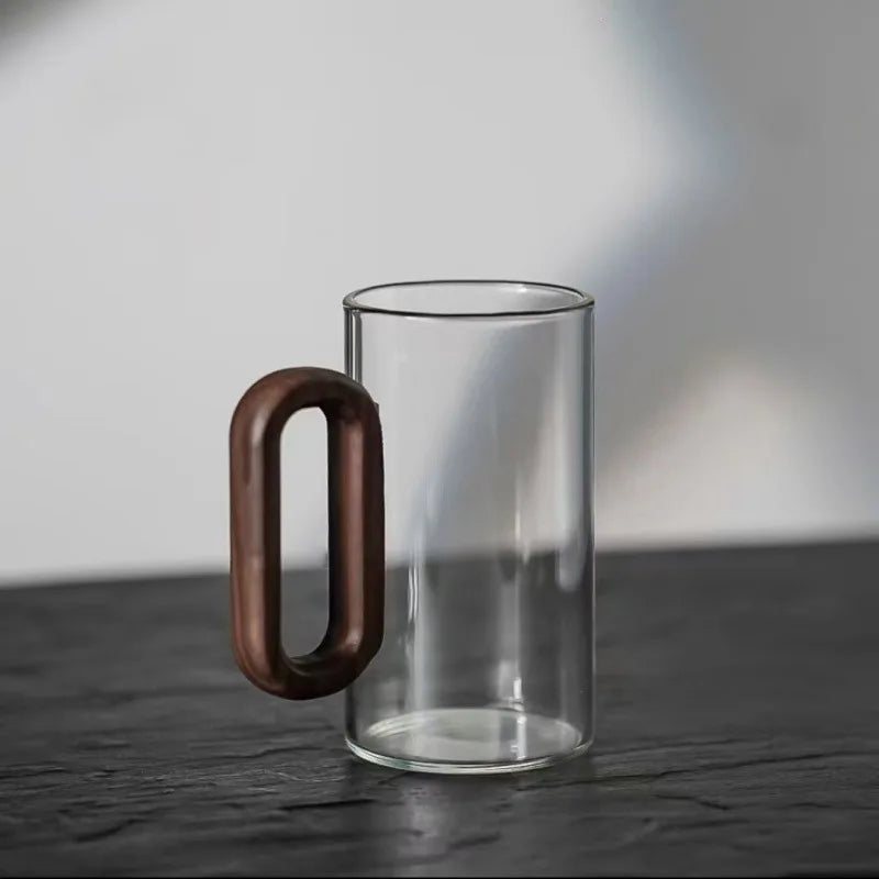 Scandinavian Glass Coffee Mug – Modern Wooden Handle