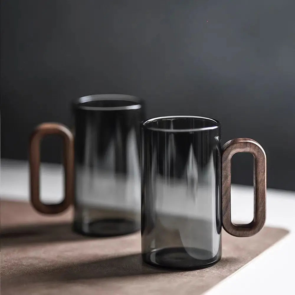 Scandinavian Glass Coffee Mug – Modern Wooden Handle