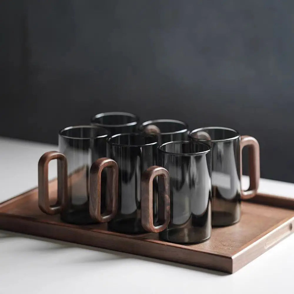Scandinavian Glass Coffee Mug – Modern Wooden Handle