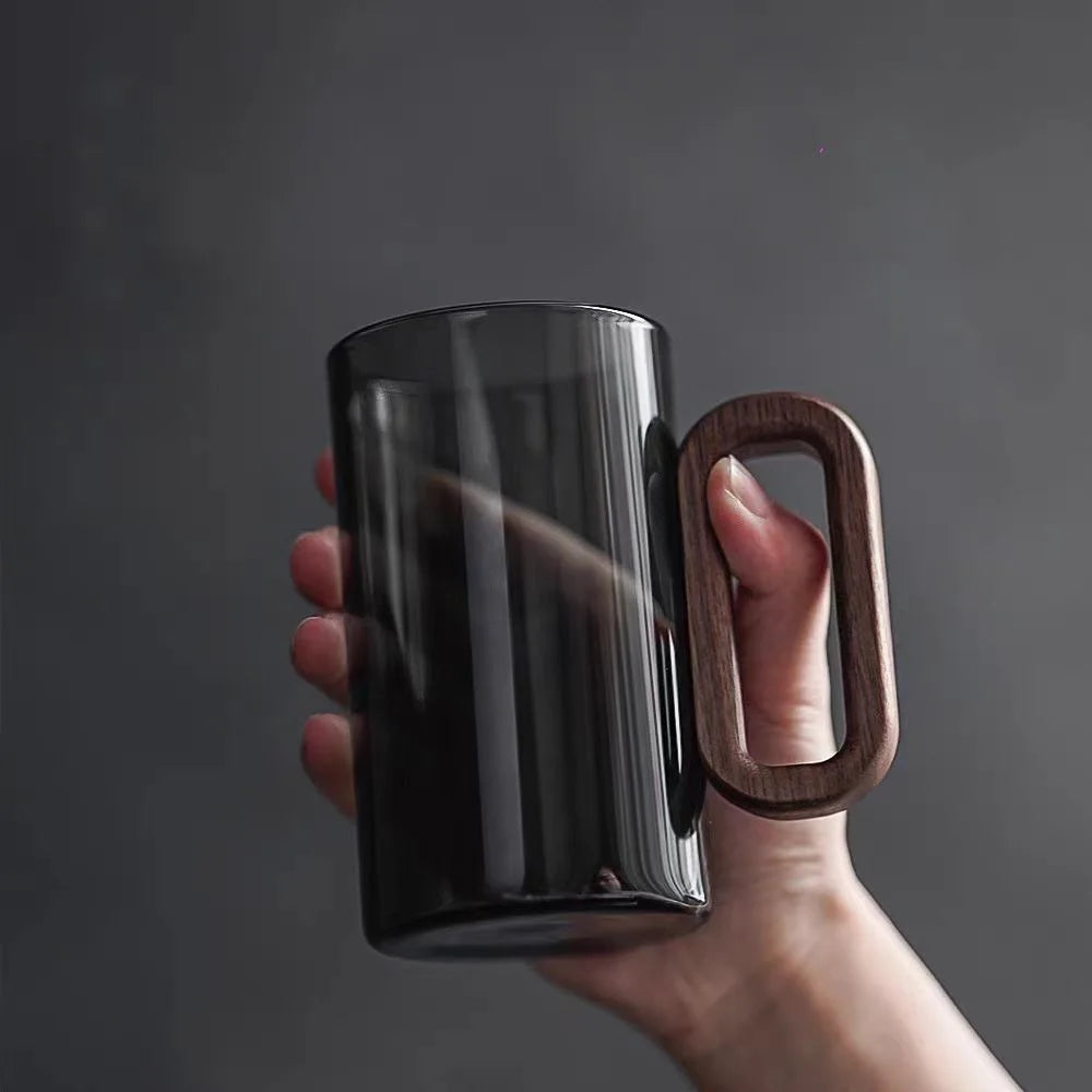 Scandinavian Glass Coffee Mug – Modern Wooden Handle