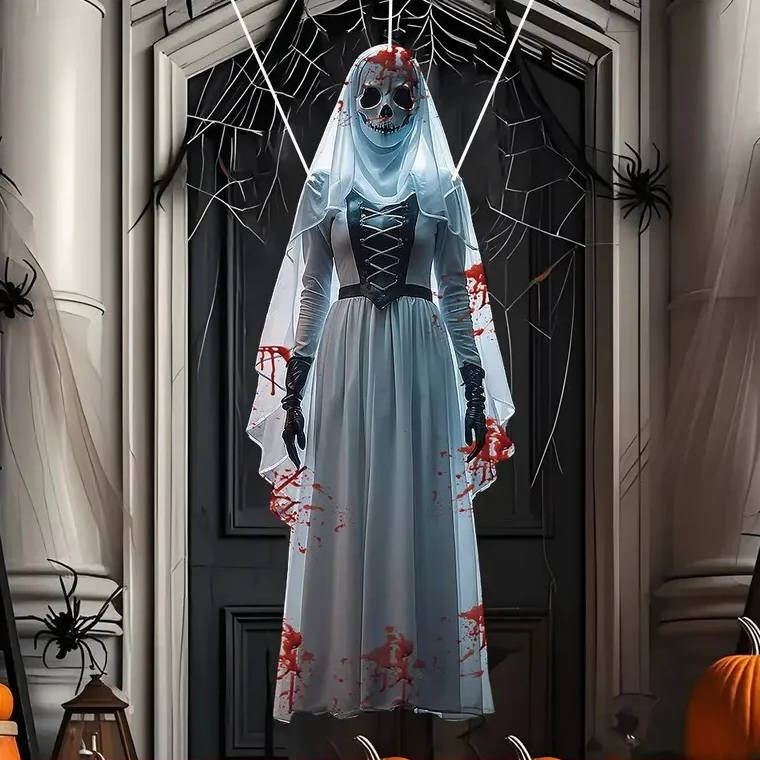 Hanging Ghost Bride Decoration with Red LED Eyes