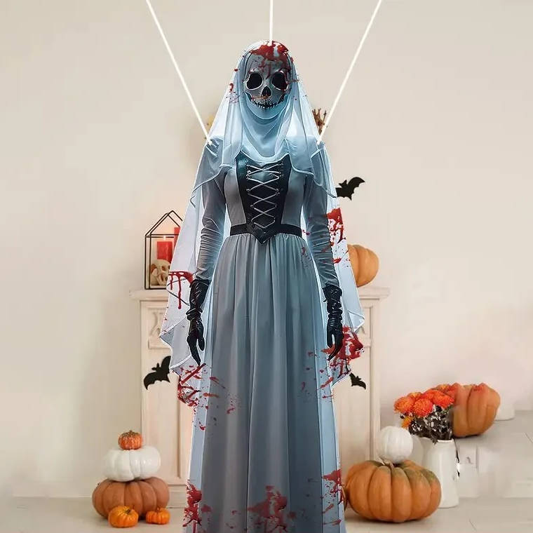 Hanging Ghost Bride Decoration with Red LED Eyes
