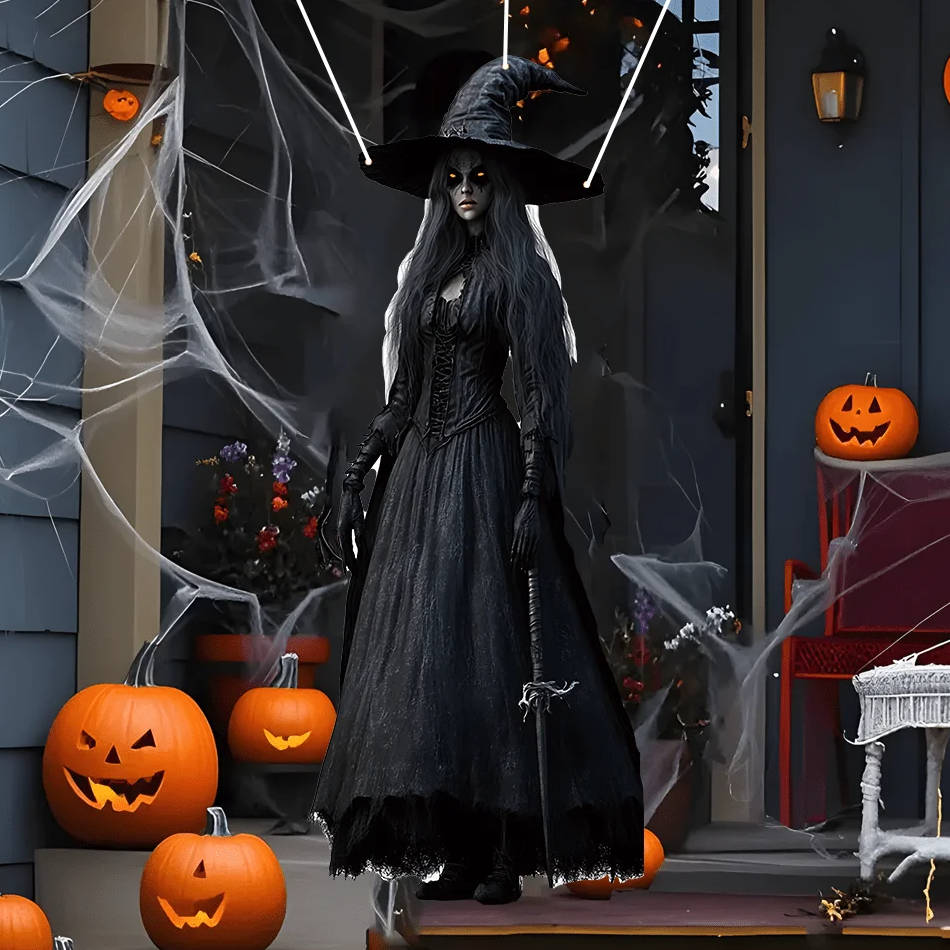 Hanging Ghost Bride Decoration with Red LED Eyes