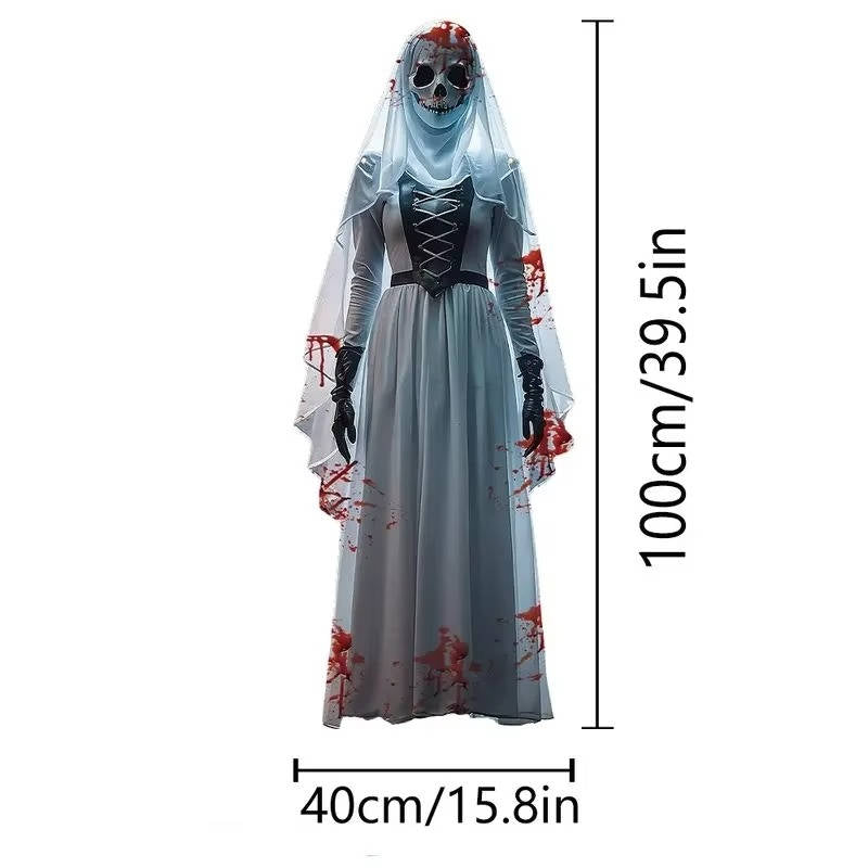 Hanging Ghost Bride Decoration with Red LED Eyes