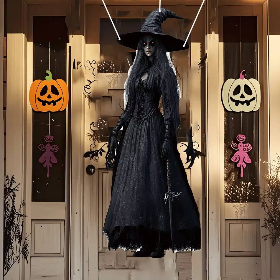Hanging Ghost Bride Decoration with Red LED Eyes