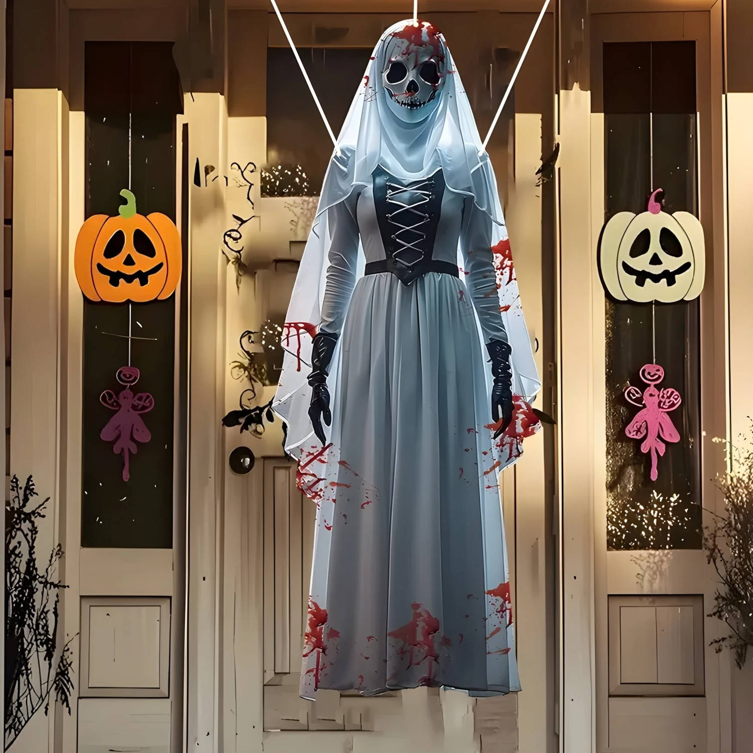 Hanging Ghost Bride Decoration with Red LED Eyes